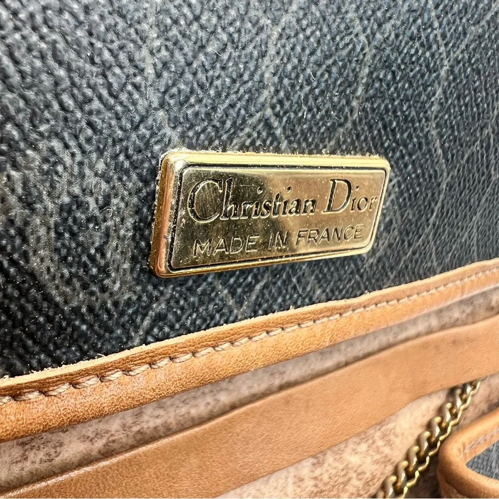 Dior Honeycomb Coated Canvas Chain Shoulder Bag in Black with Tan Leather Trim